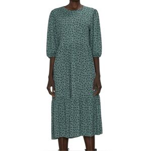 ZARA Ditsy Floral Print Midi Dress Green Black Size Small